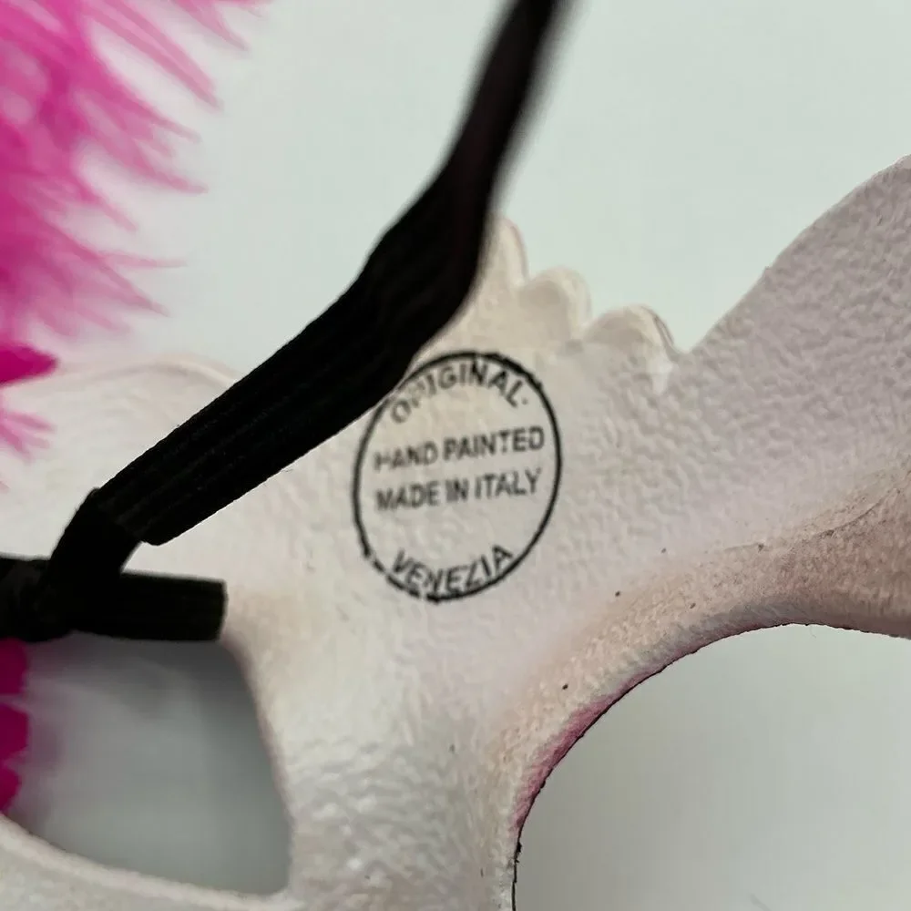 Pink and Gold Masquerade Mask with Feather.Hand painted in Italy